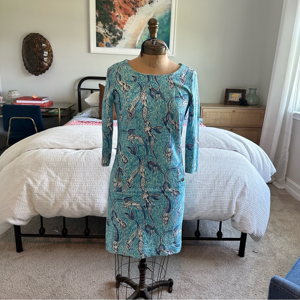 LILLY PULITZER CHARLENE NICE TAIL SPA BLUE MERMAID COTTON STRETCH SHIFT DRESS